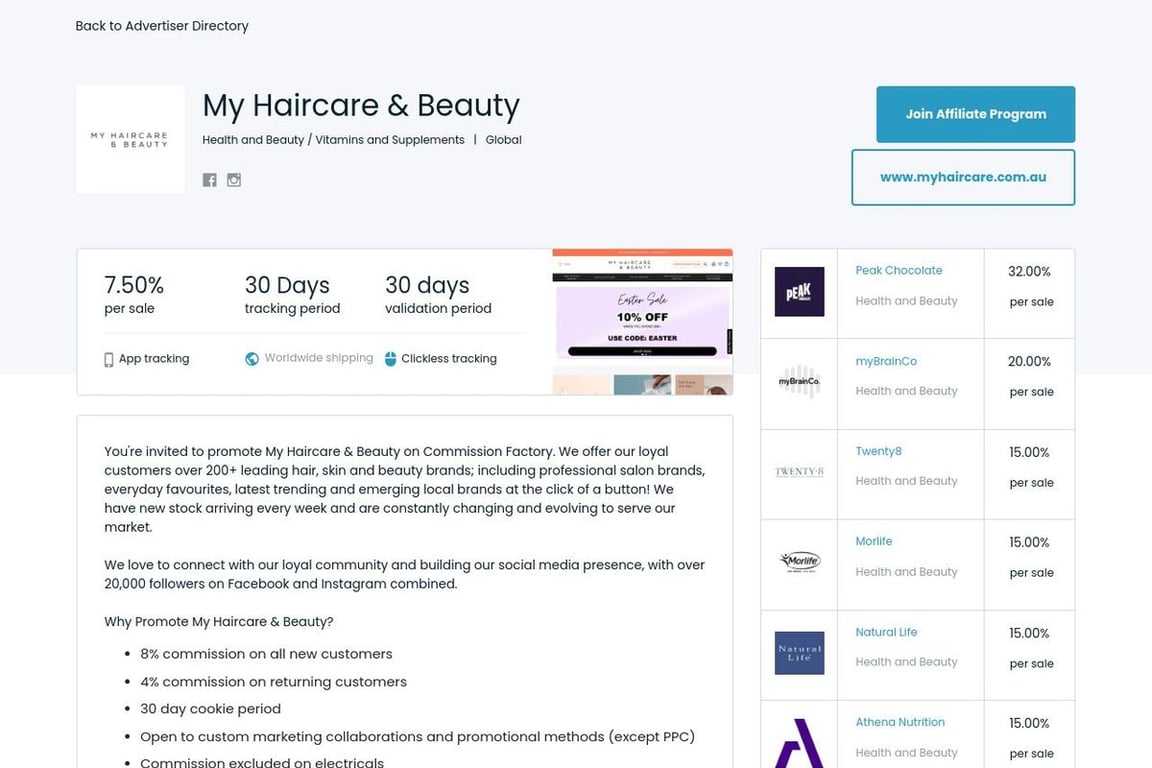 My Haircare & Beauty AU affiliate program signup page