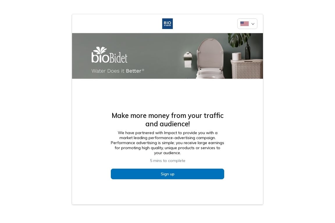 Bio Bidet affiliate program signup page