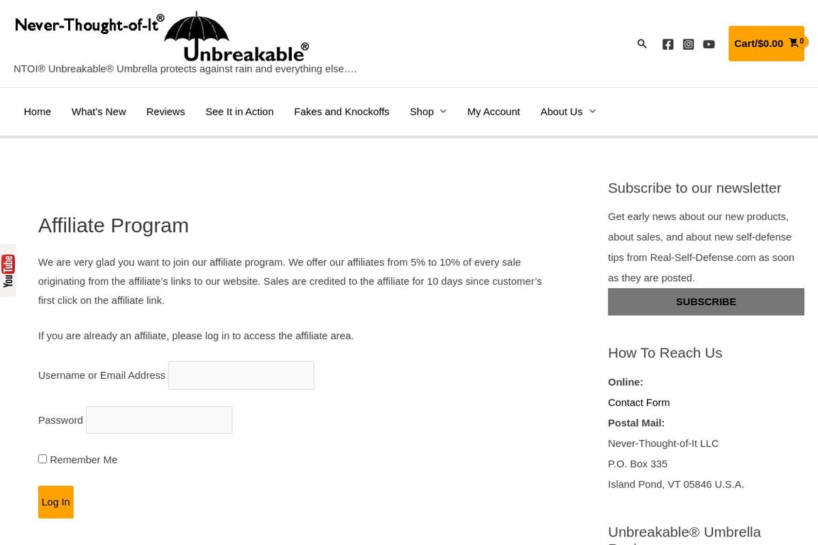 Unbreakable Umbrella affiliate program signup page