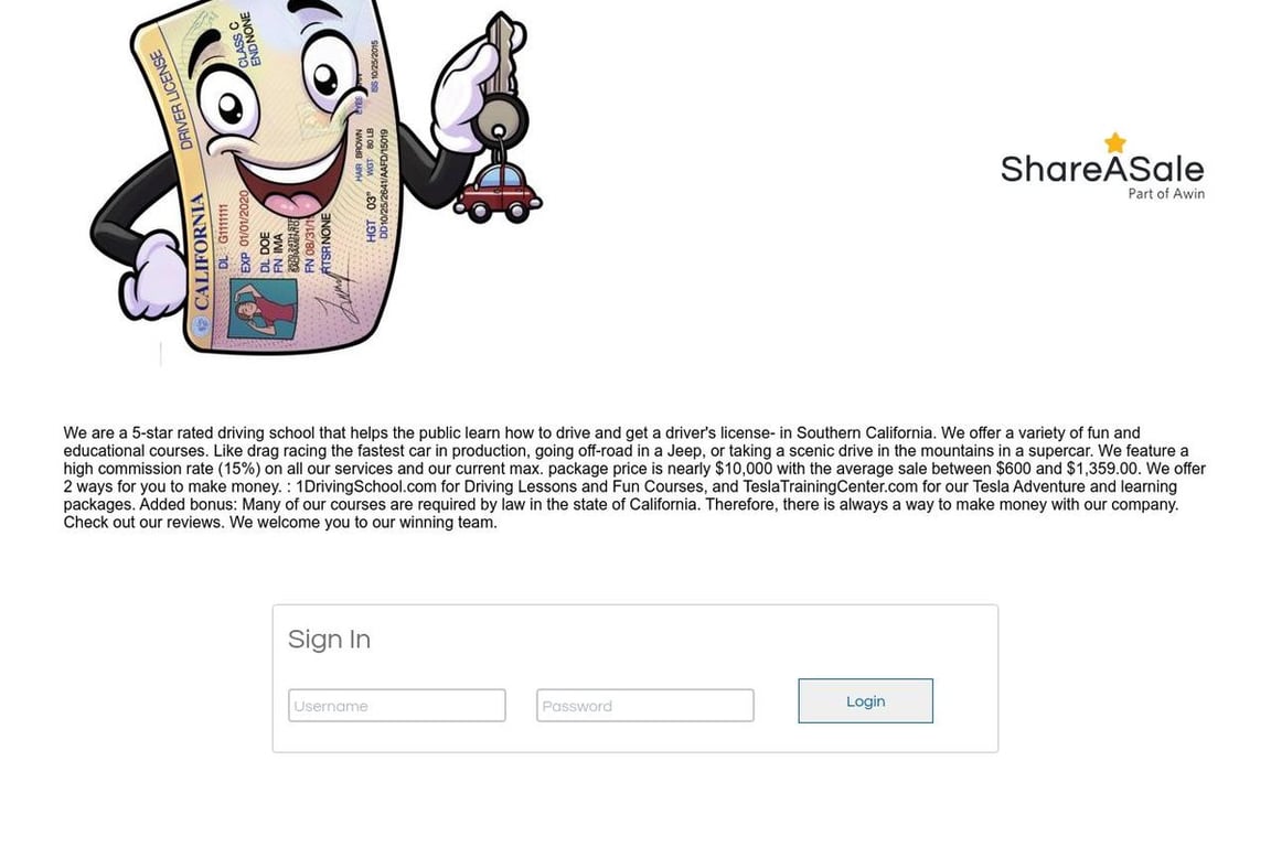 1 Driving School affiliate program signup page
