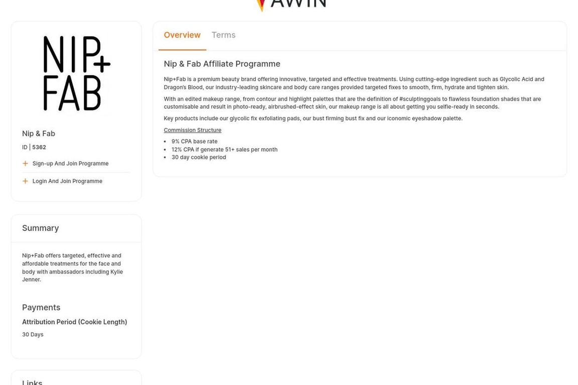 Nip & Fab affiliate program signup page