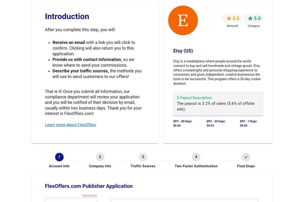 Etsy affiliate program signup page