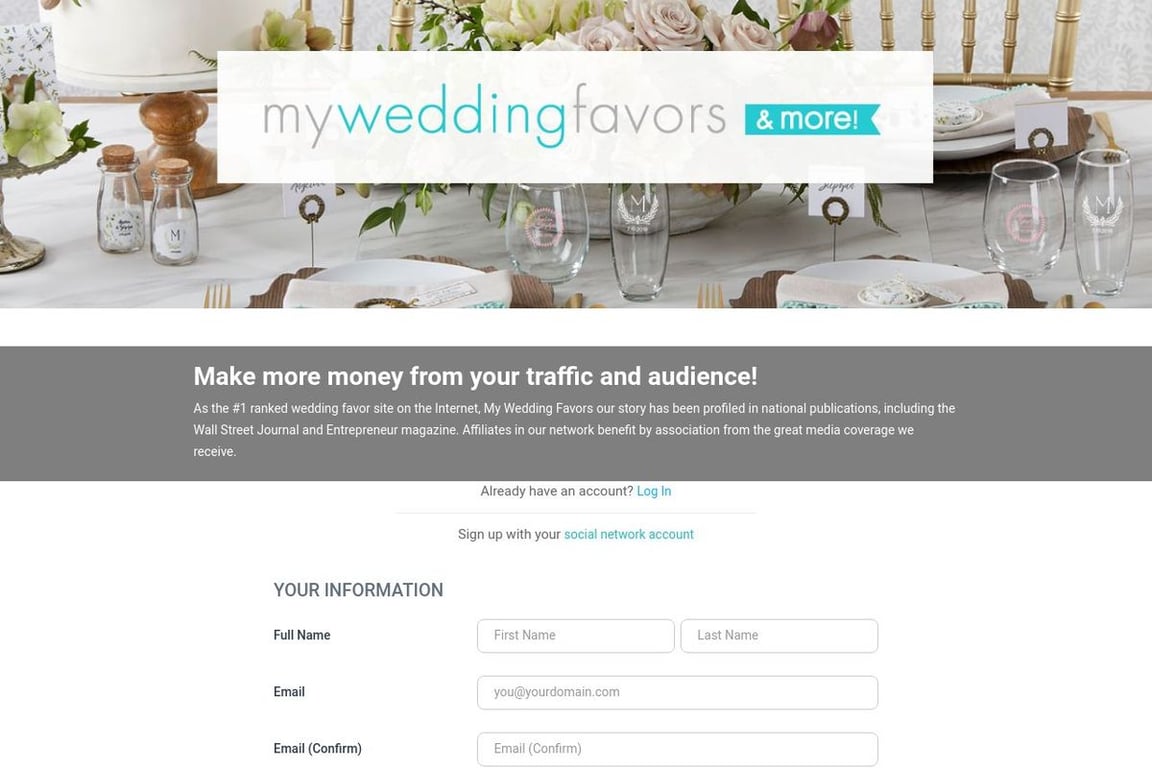 My Wedding Favors affiliate program signup page