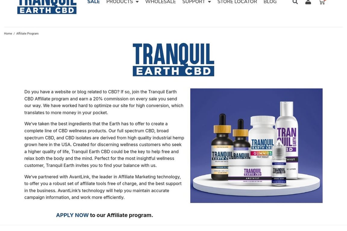 Tranquil Earth CBD affiliate program signup page