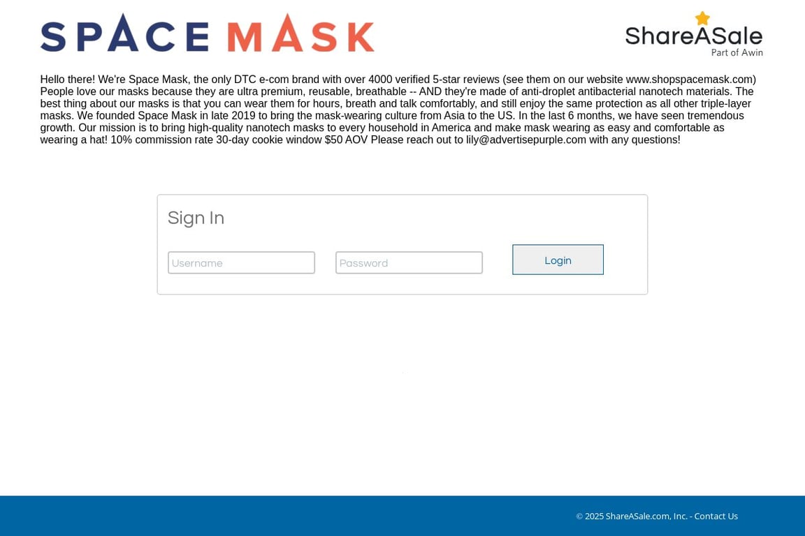 Space Masks affiliate program signup page