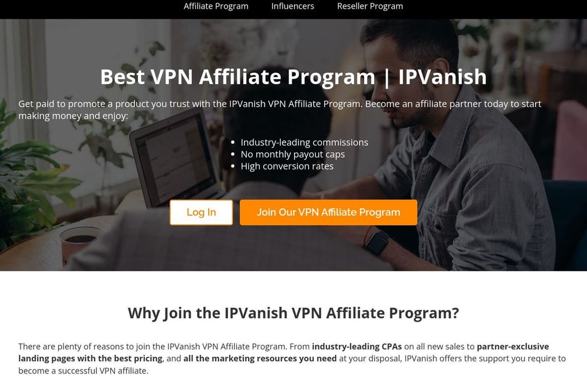 IPVanish affiliate program signup page