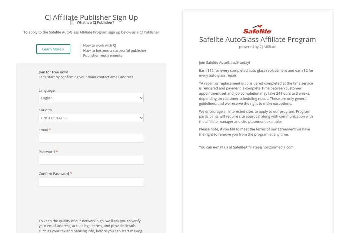 Safelite AutoGlass affiliate program signup page