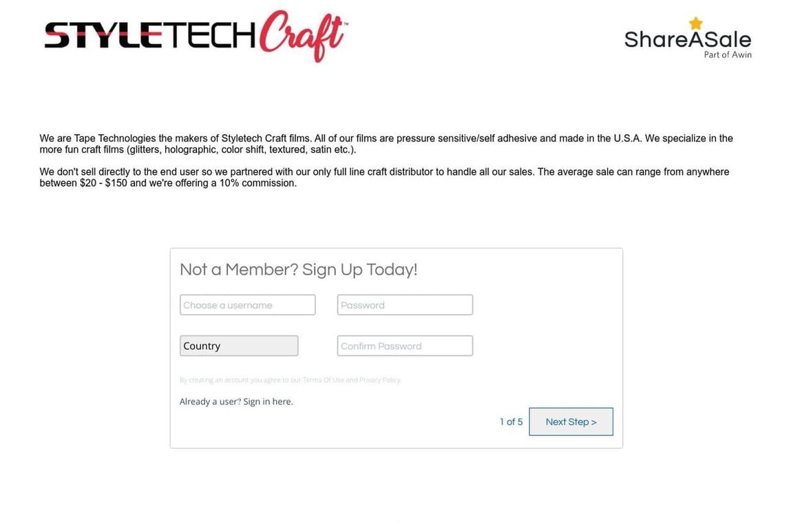 ATSM Craft affiliate program signup page