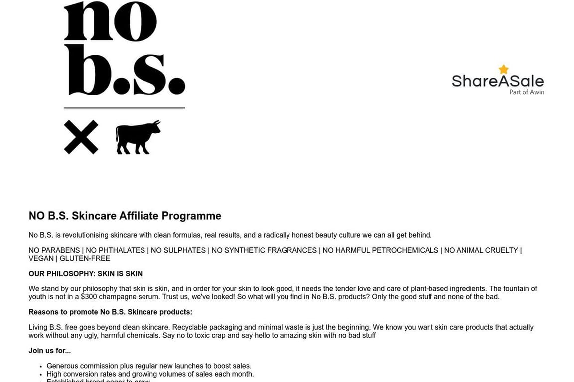 No BS Skincare affiliate program signup page