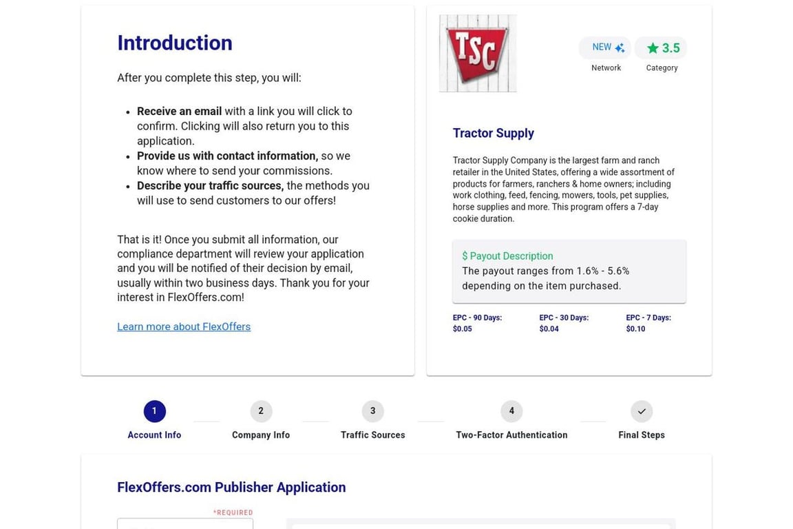 Tractor Supply affiliate program signup page