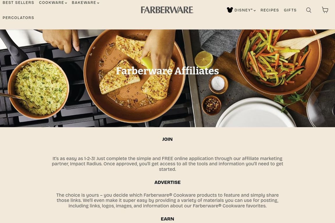 Farberware affiliate program signup page