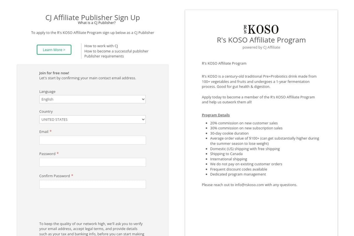 R’s KOSO affiliate program signup page