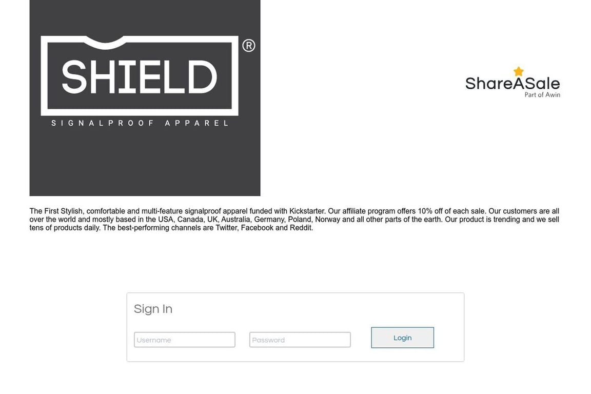 SHIELD Apparel UK affiliate program signup page
