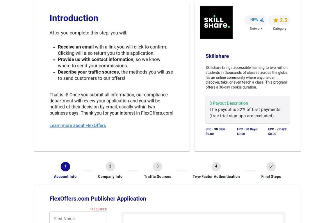 Skillshare affiliate program signup page