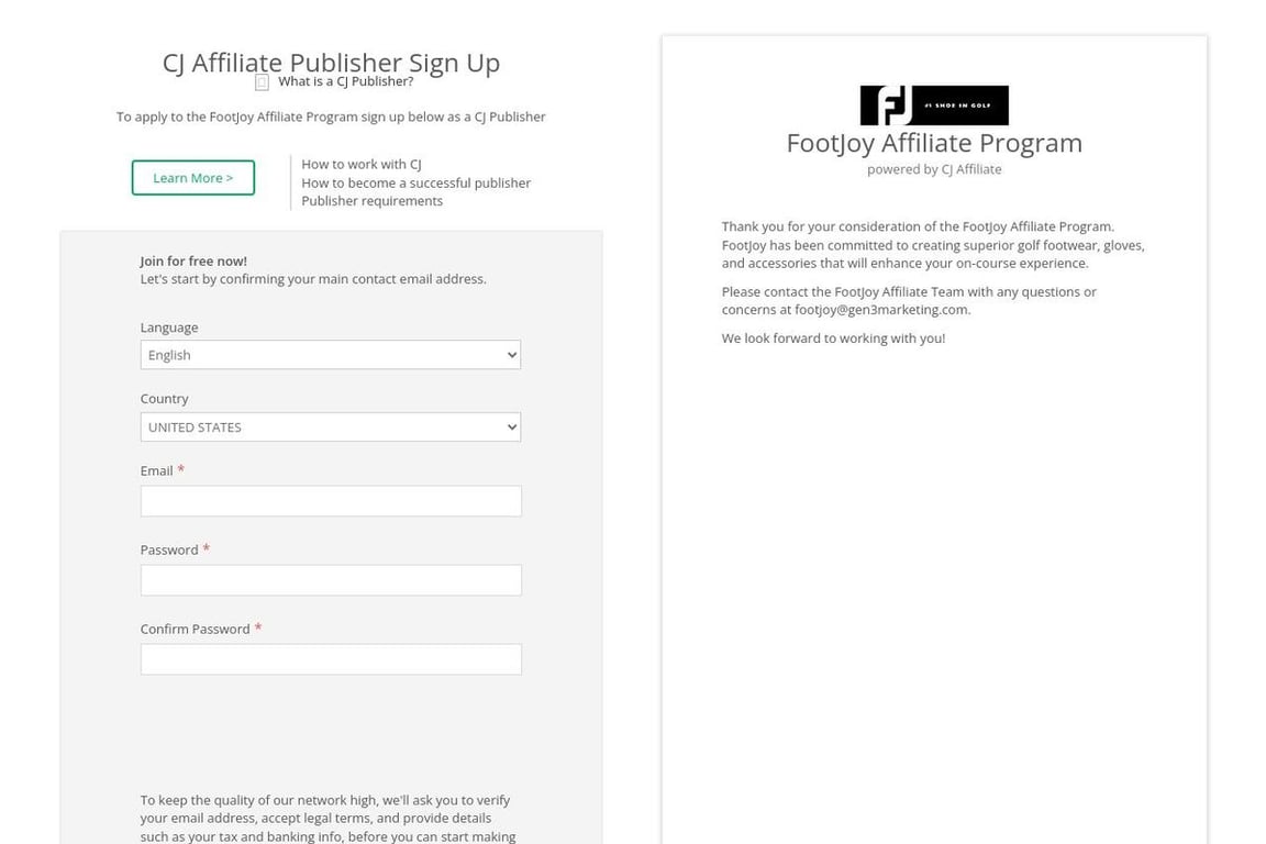 FootJoy affiliate program signup page