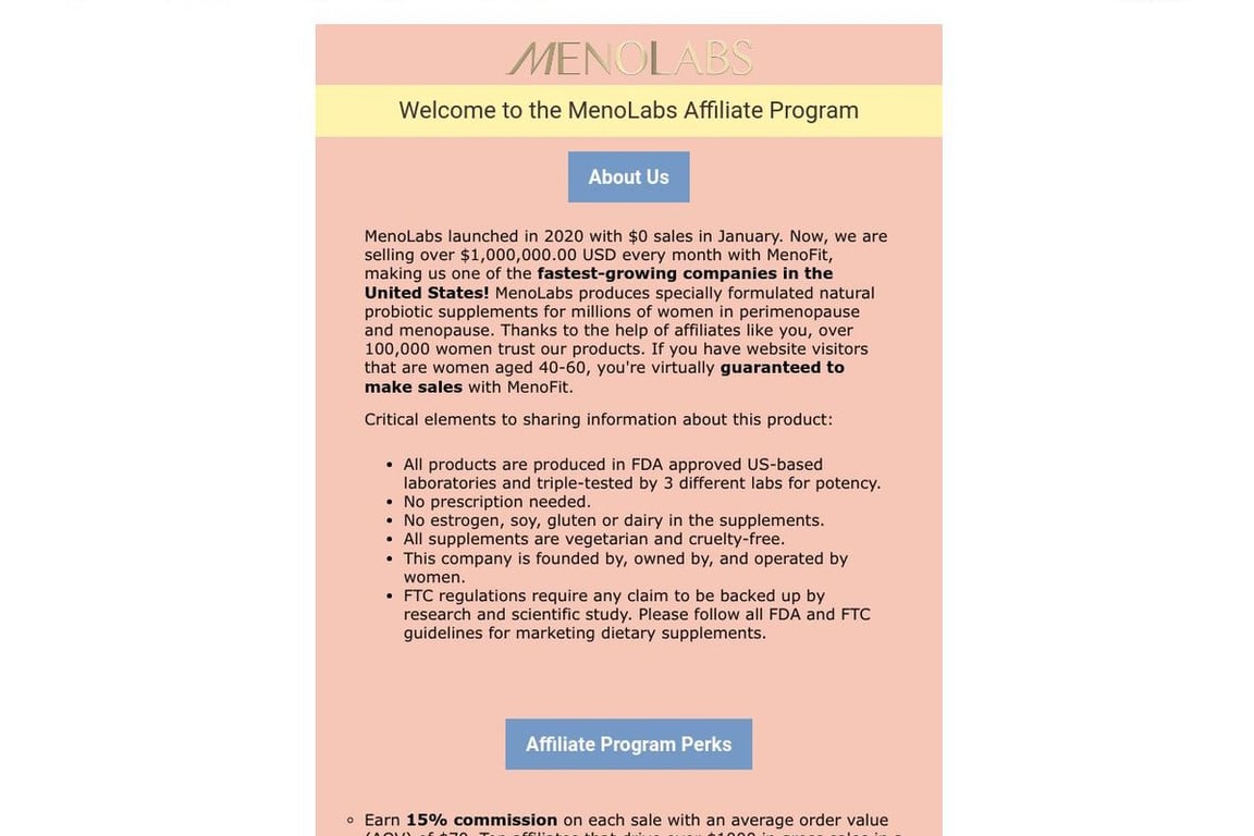 MenoLabs affiliate program signup page