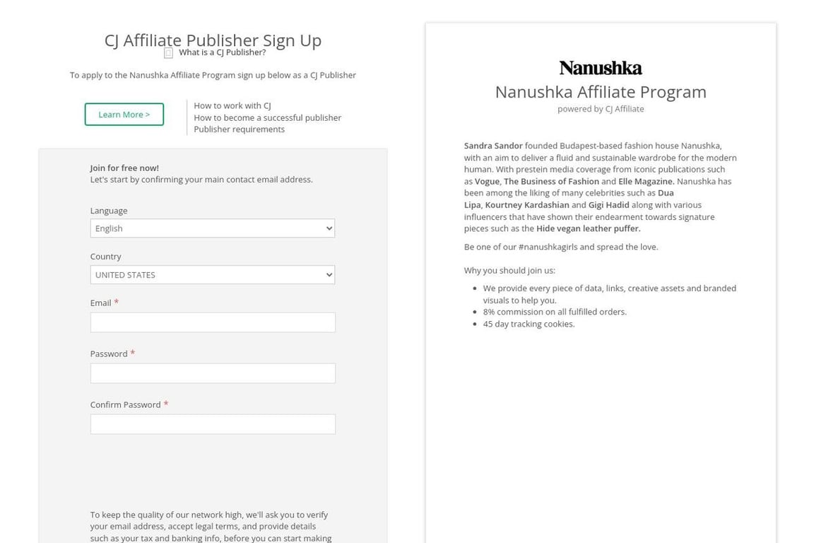 Nanushka affiliate program signup page