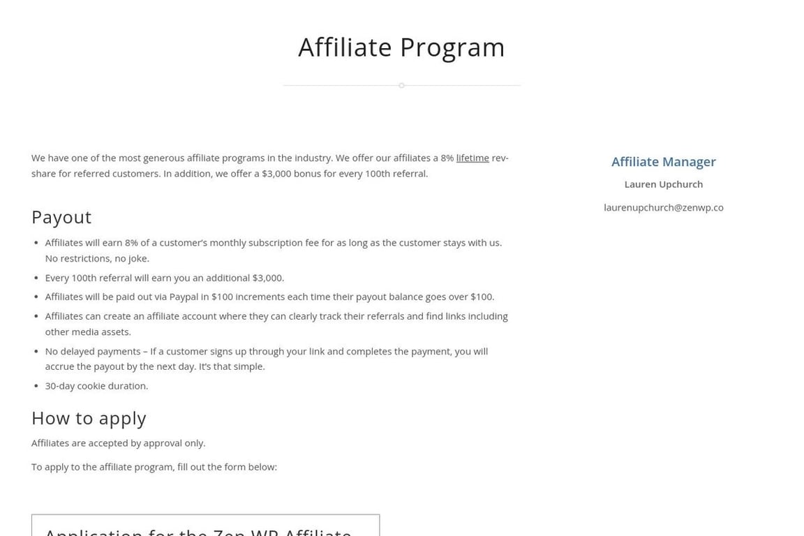 Zen WP affiliate program signup page
