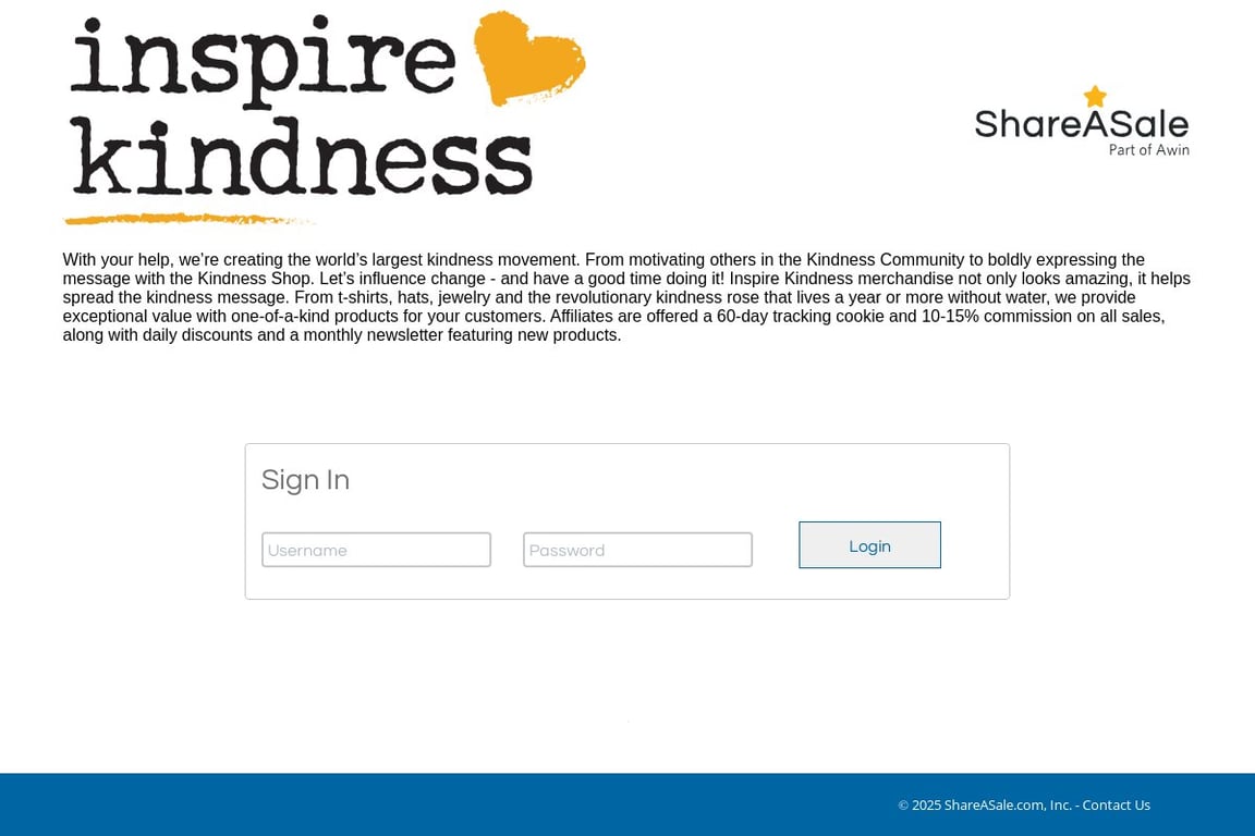 Inspire Kindness affiliate program signup page