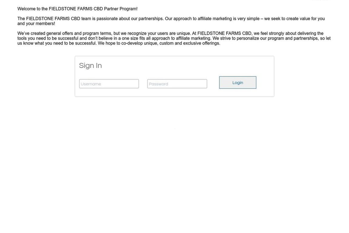 Fieldstone Farms CBD affiliate program signup page