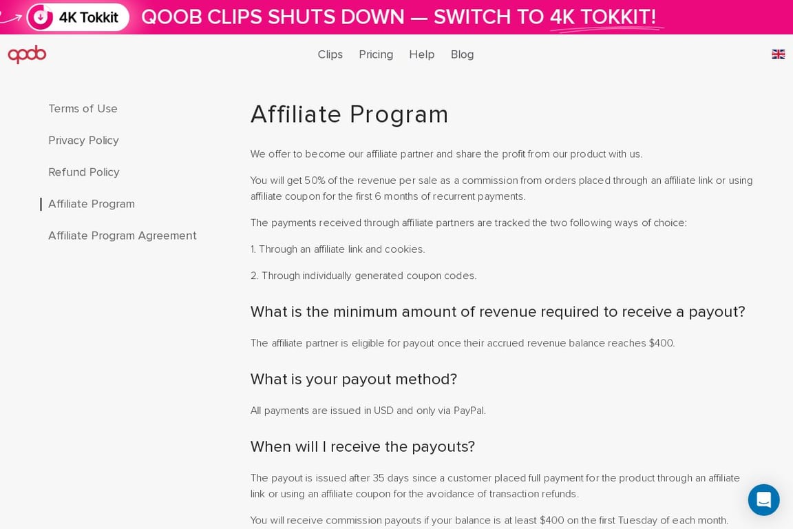 Qoob affiliate program signup page