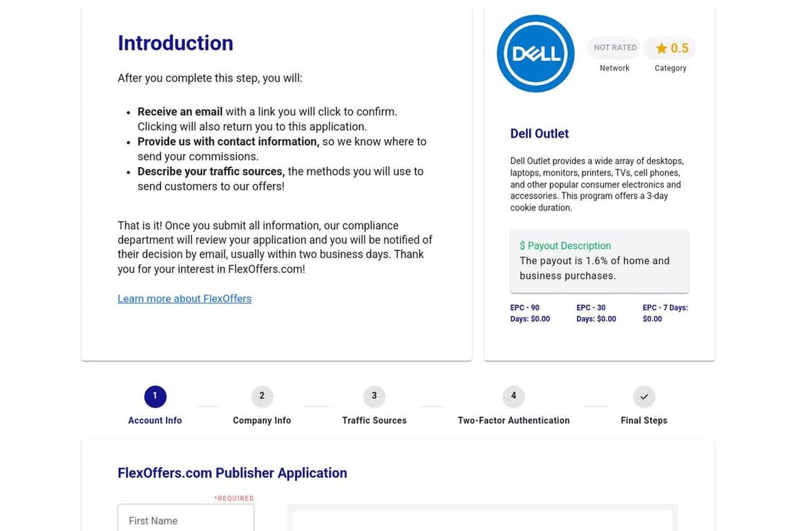 Dell Outlet affiliate program signup page