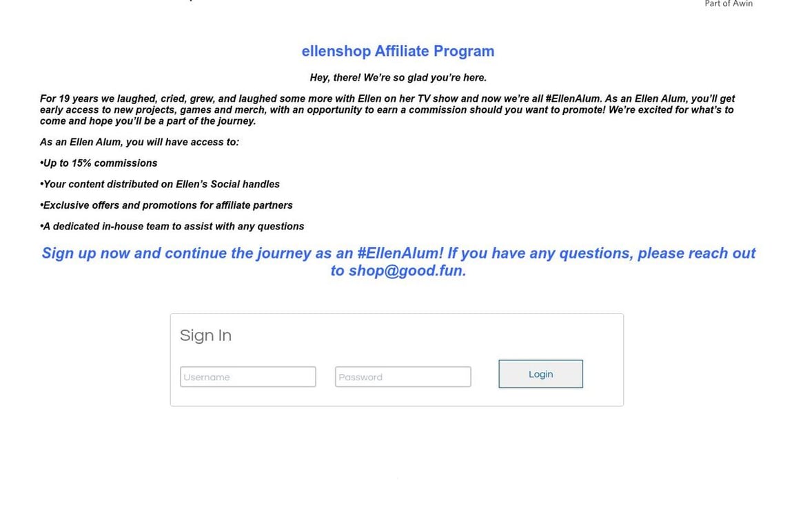 The Ellen DeGeneres Shop affiliate program signup page