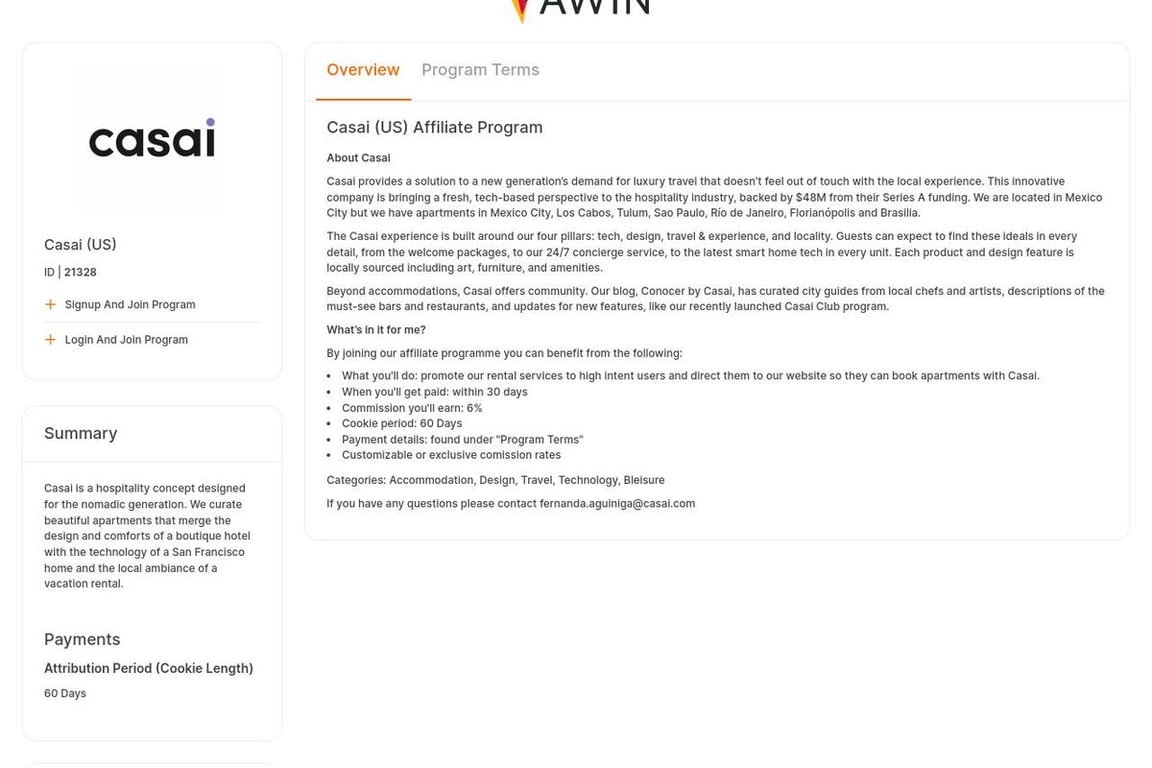Casai (US) affiliate program signup page