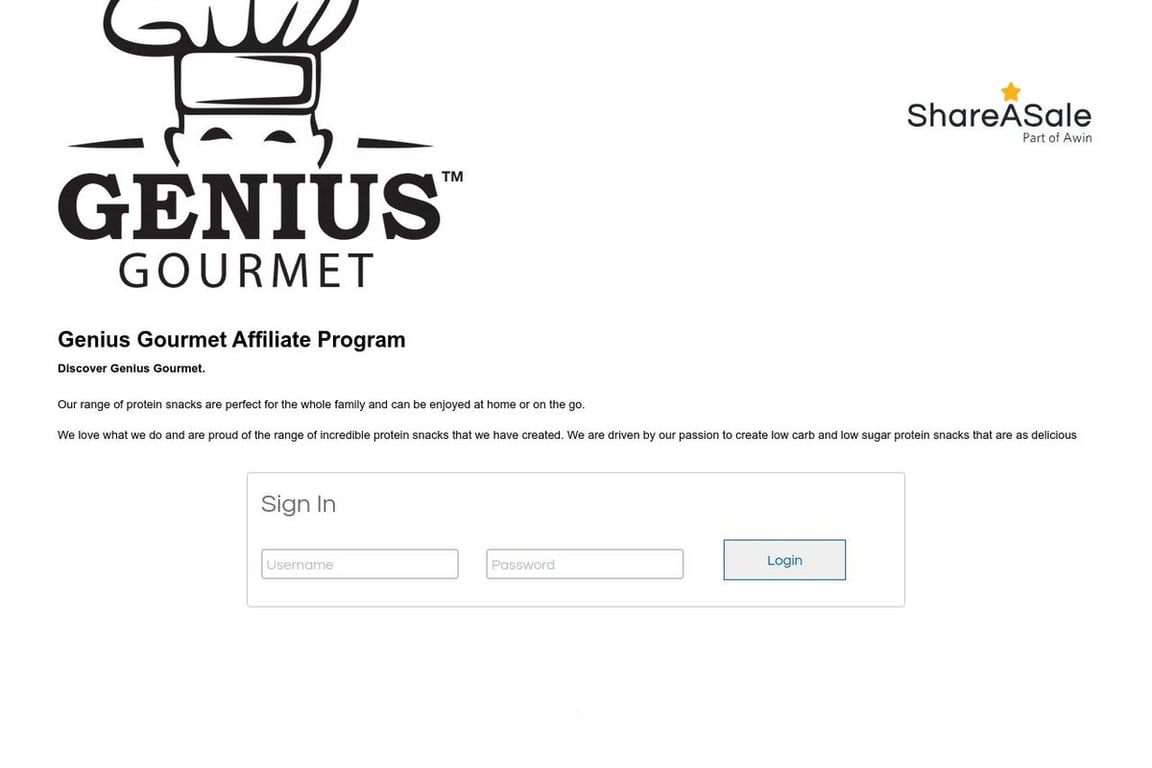 Genius Gourmet affiliate program signup page