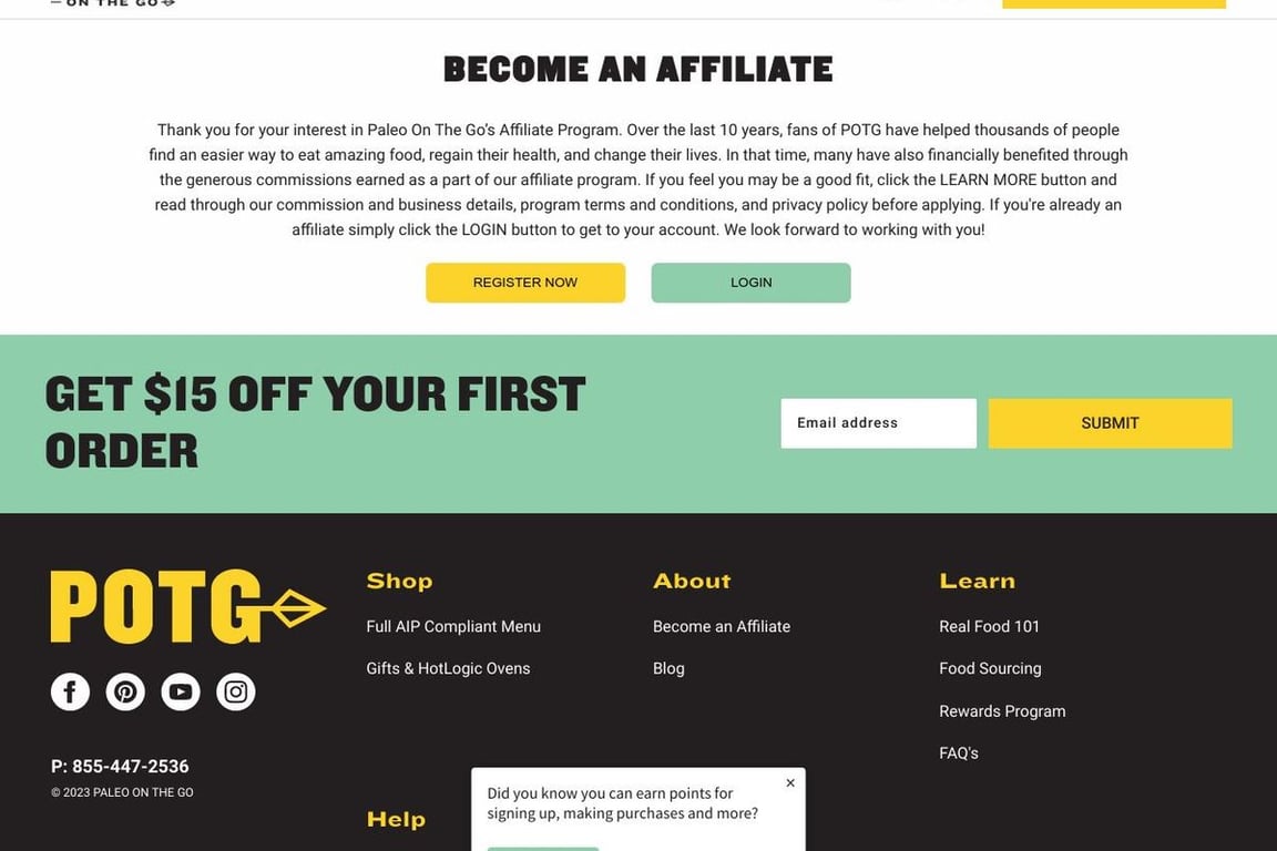 Paleo On The Go affiliate program signup page