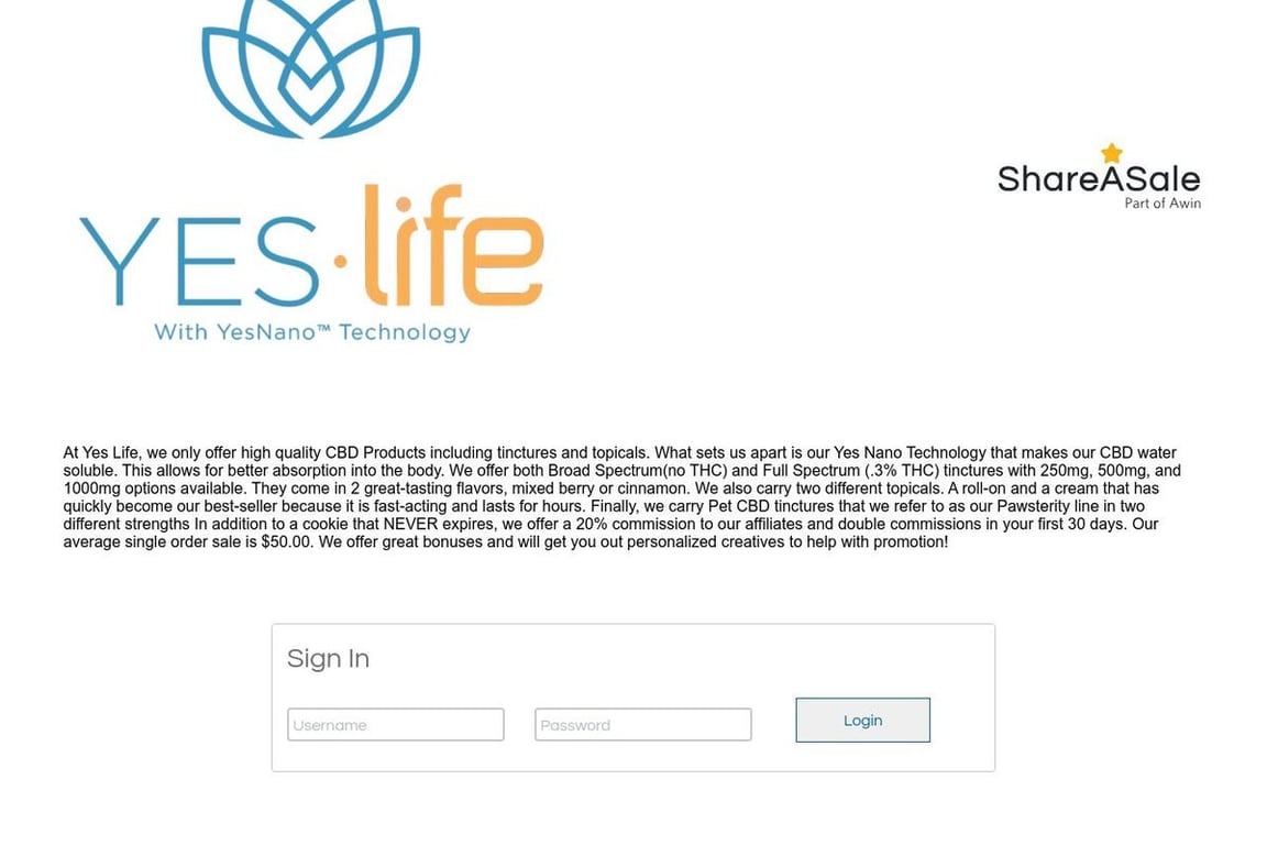 YesLife CBD affiliate program signup page