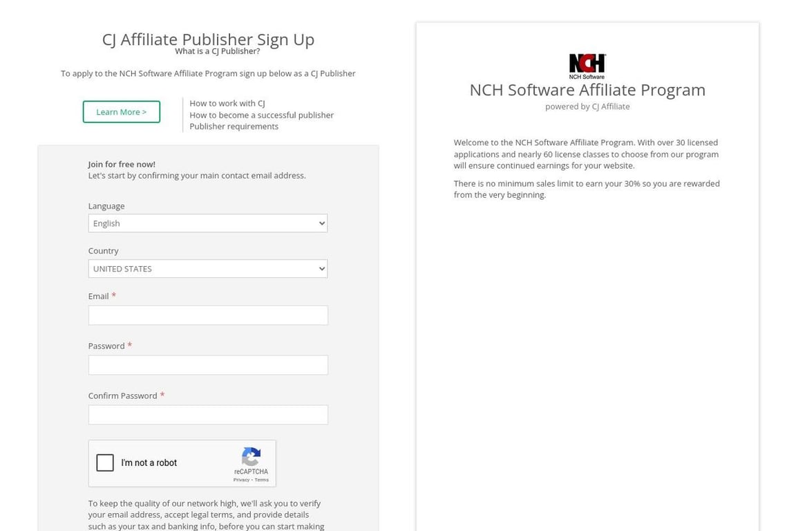 NCH Software affiliate program signup page