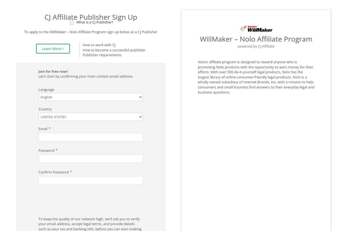 Nolo affiliate program signup page