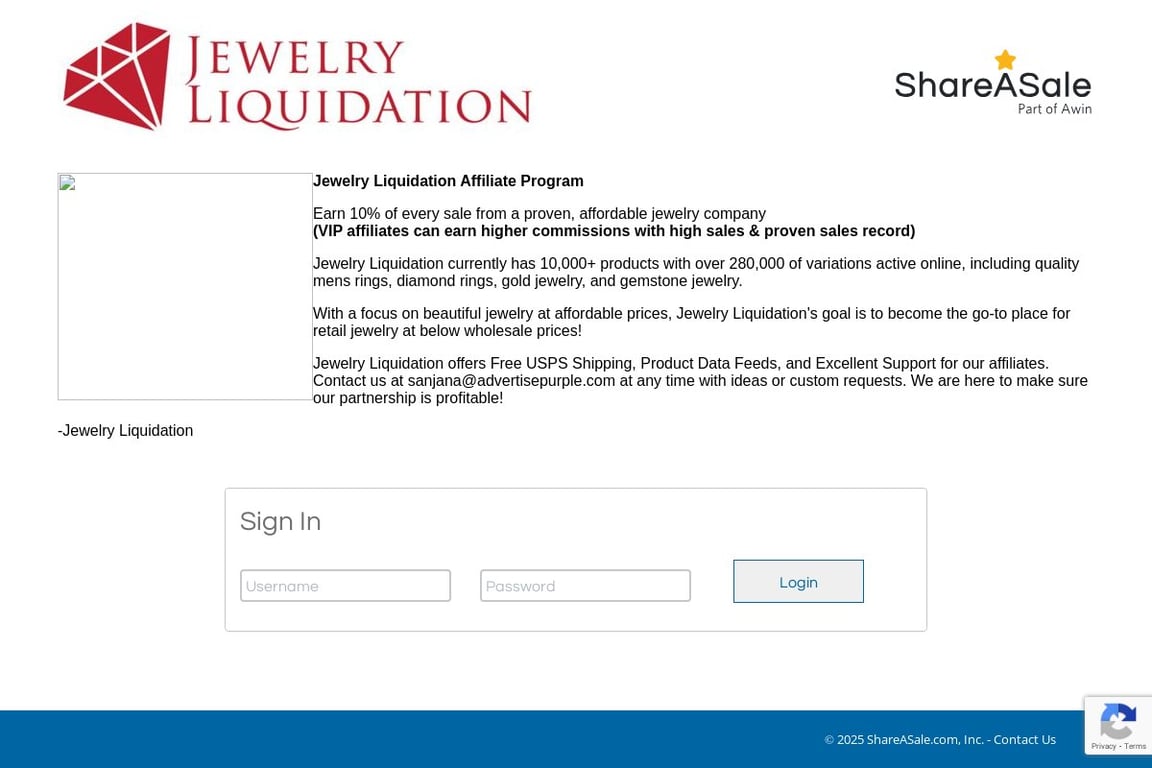 Jewelry Liquidation affiliate program signup page