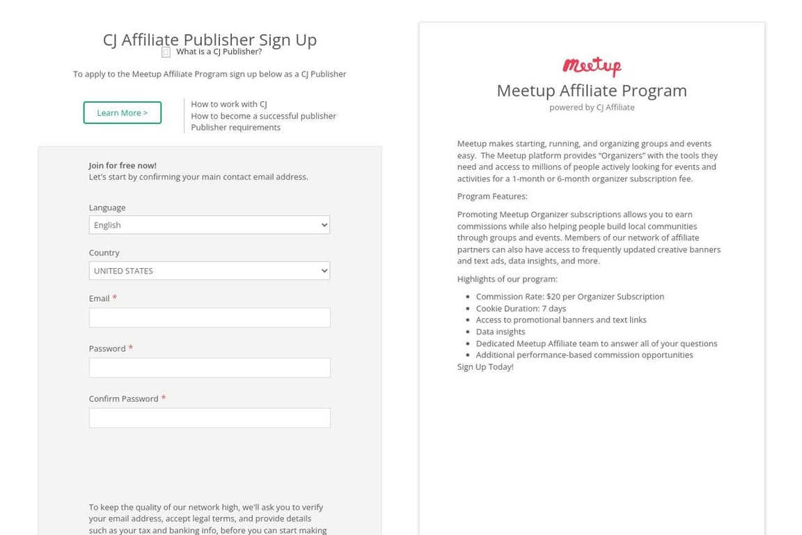 Meetup affiliate program signup page