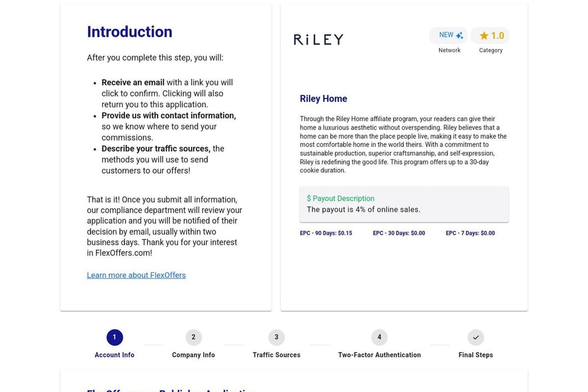 Riley Home affiliate program signup page