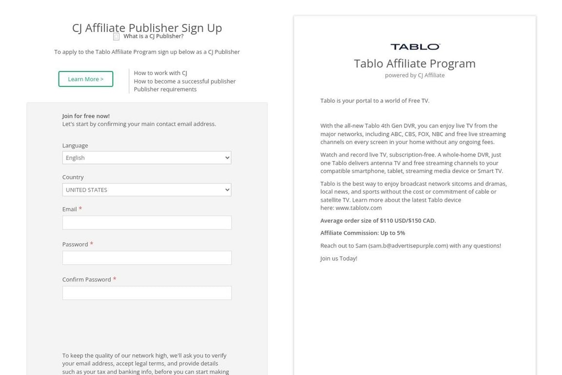 Tablo affiliate program signup page