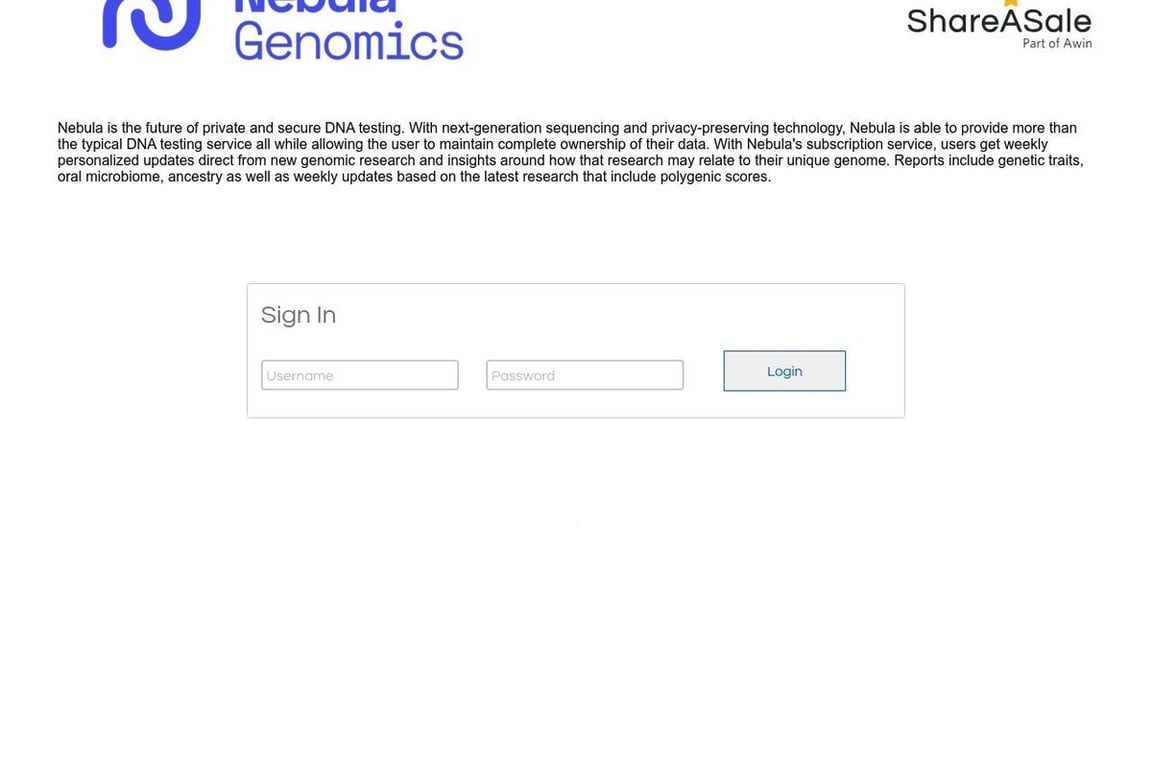 Nebula Genomics affiliate program signup page