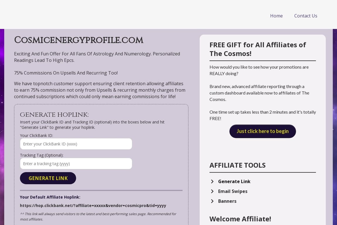 Cosmic Energy Profile affiliate program signup page