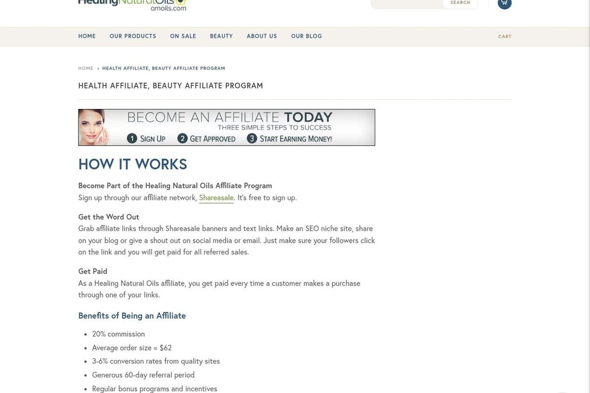 Healing Natural Oils affiliate program signup page