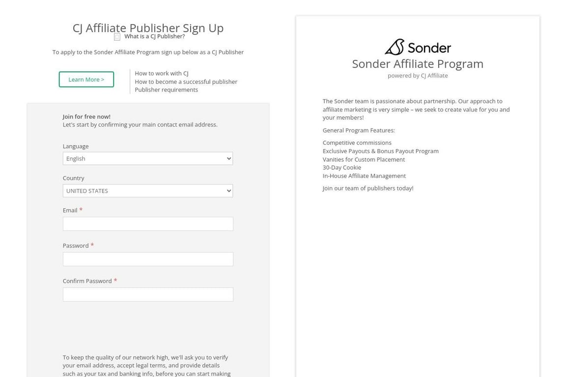 Sonder affiliate program signup page