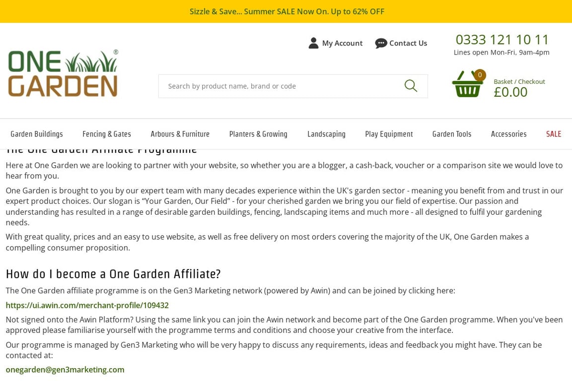One Garden UK affiliate program signup page