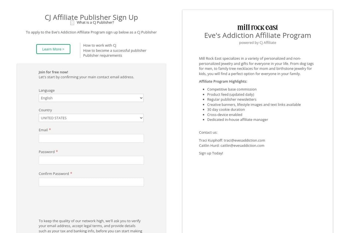 Eve’s Addiction Preferred affiliate program signup page