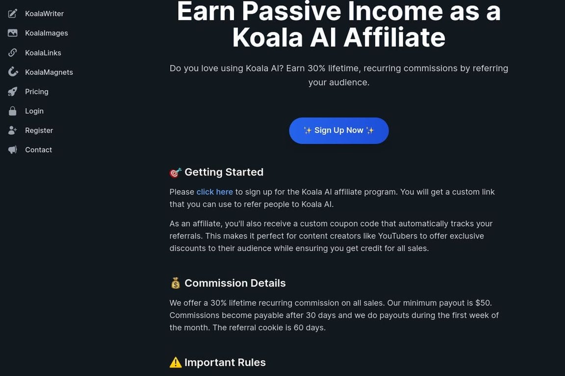 Koala AI affiliate program signup page