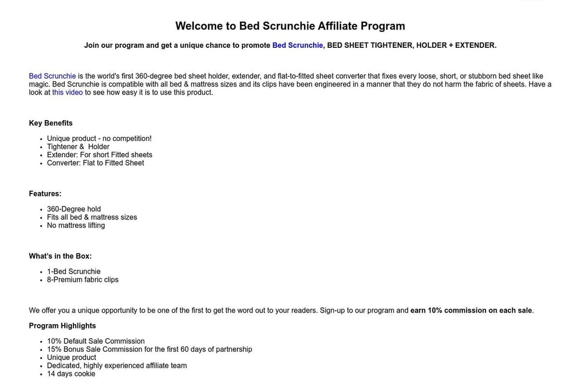 Bed Scrunchie affiliate program signup page