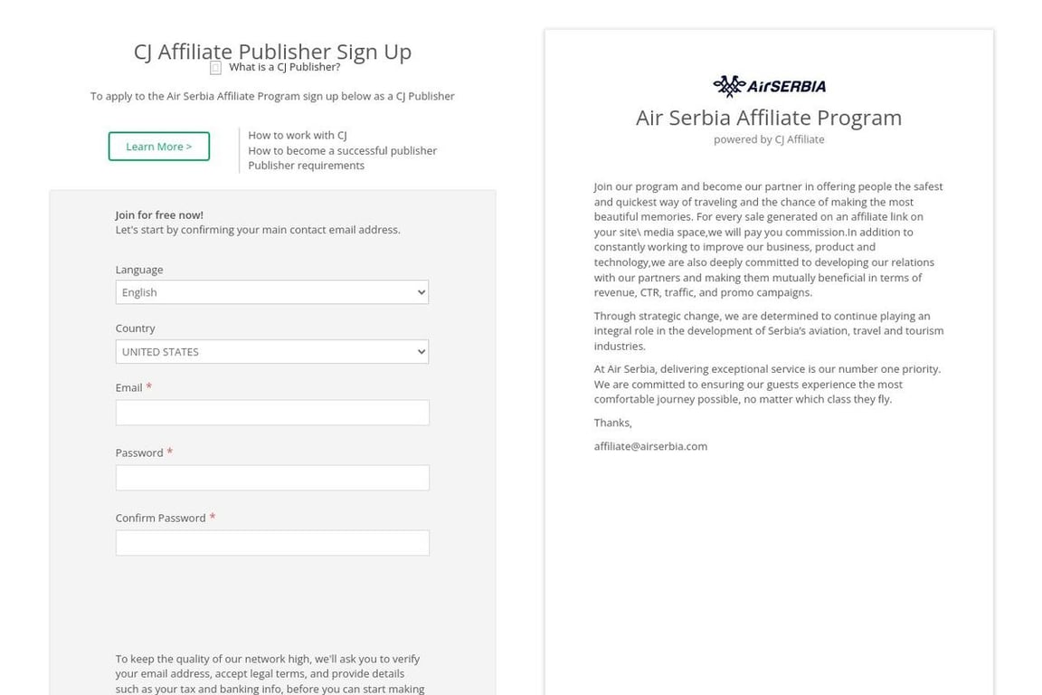 Air Serbia affiliate program signup page
