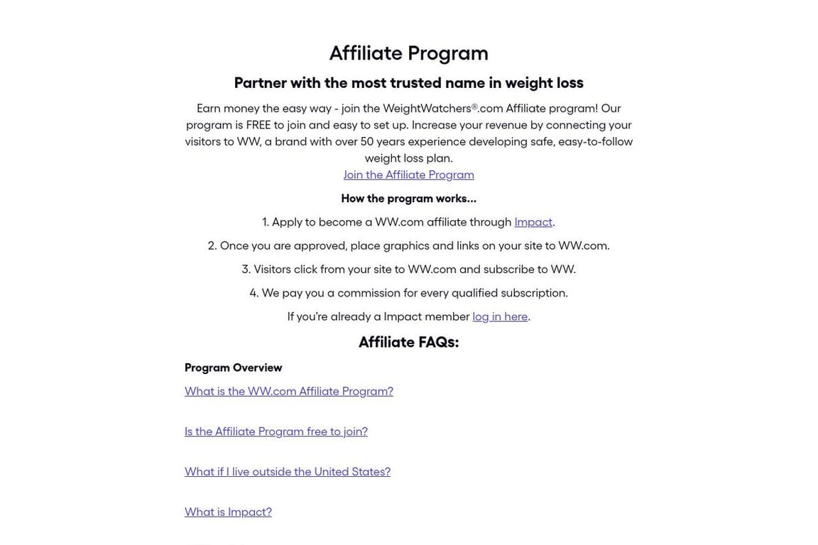 Weight Watchers affiliate program signup page