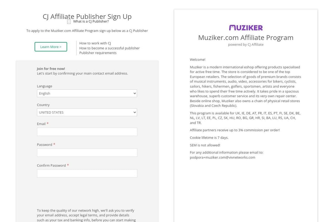 Muziker.com affiliate program signup page