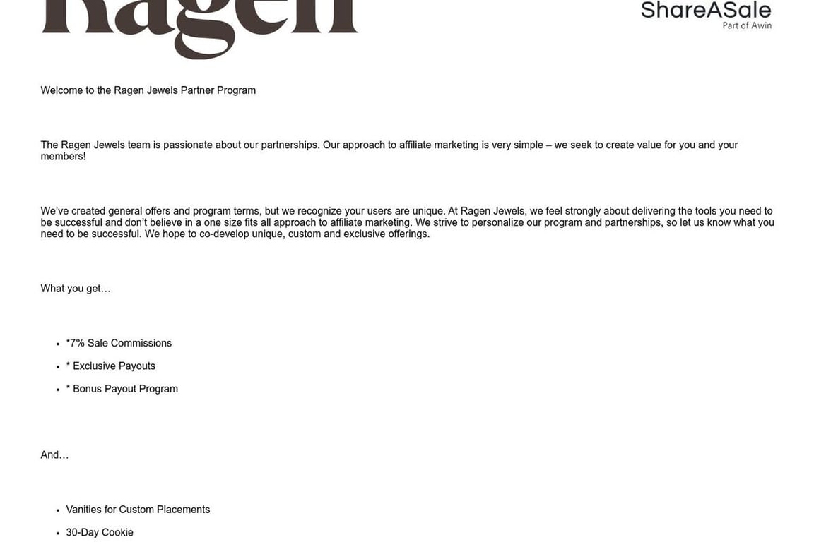 Ragen Jewels affiliate program signup page