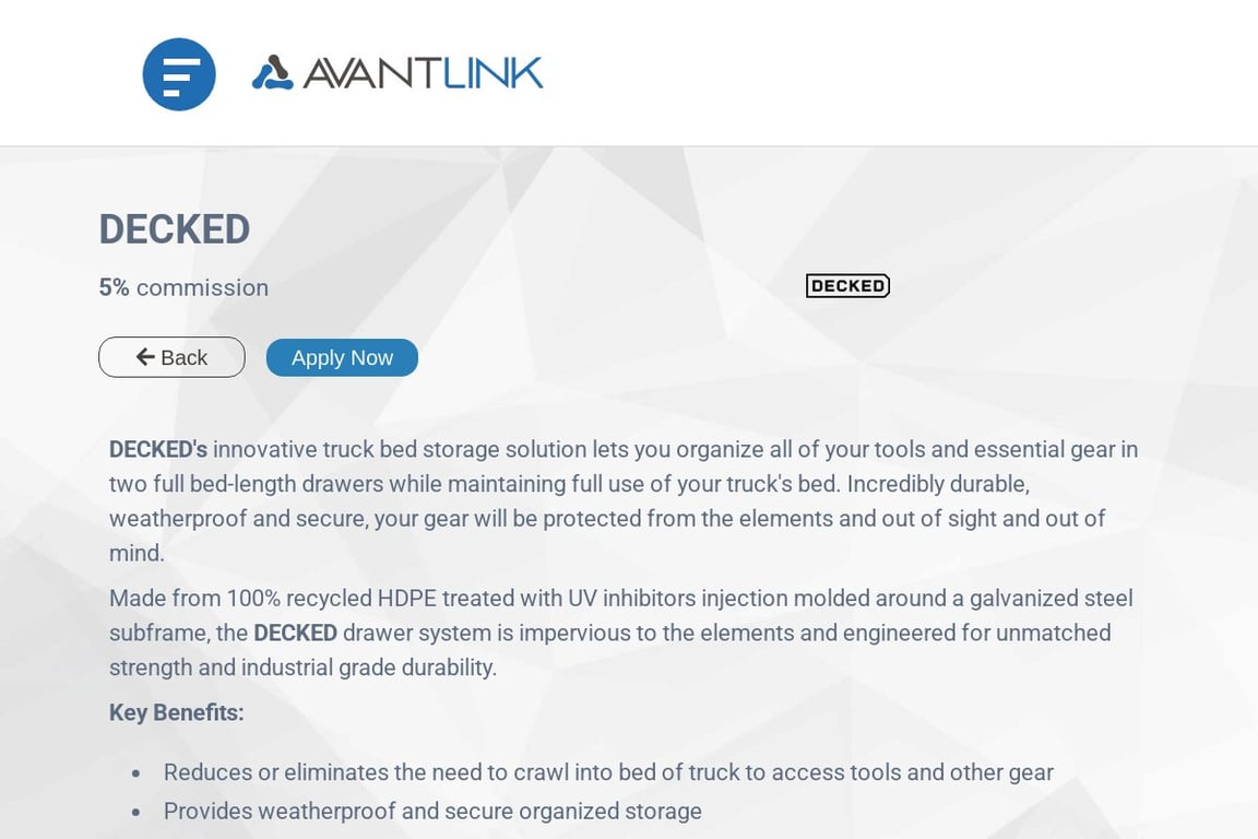 DECKED affiliate program signup page